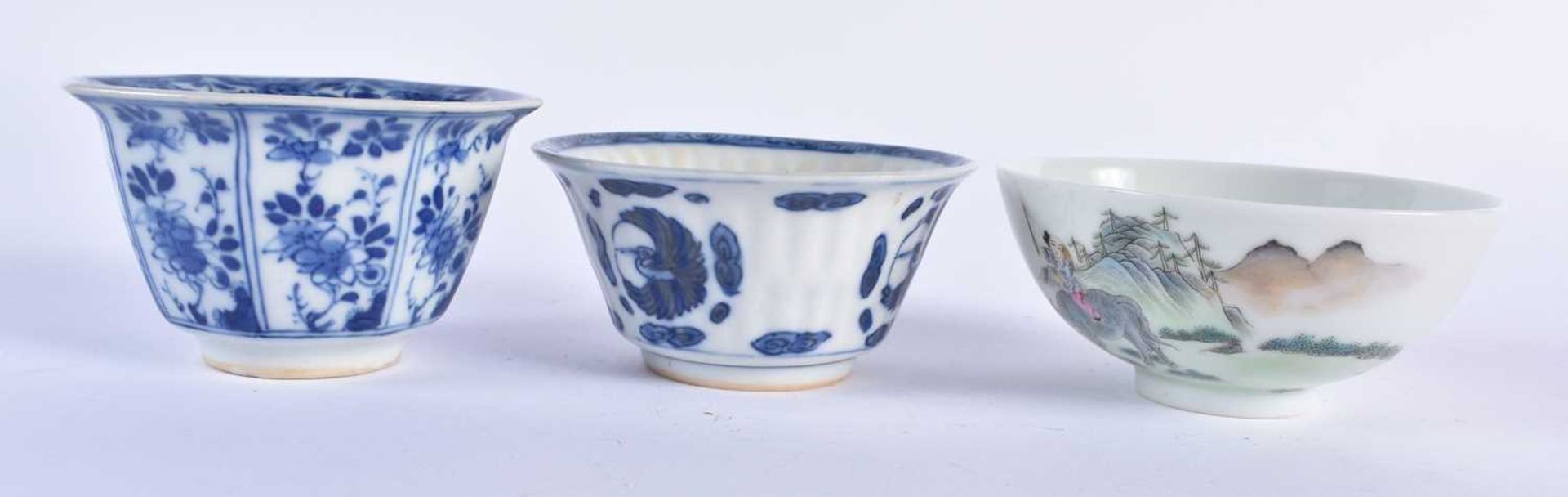 TWO CHINESE QING DYNASTY BLUE AND WHITE TEABOWLS together with another. Largest 9.5 cm diameter. ( - Image 2 of 4