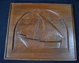 A wooden panel of an early sailing boat 58 x 67 cm