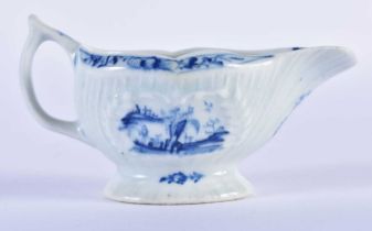 Lowestoft small creamboat of moulded form with raised panels with landscapes c. 1770. 10 x 5 cm