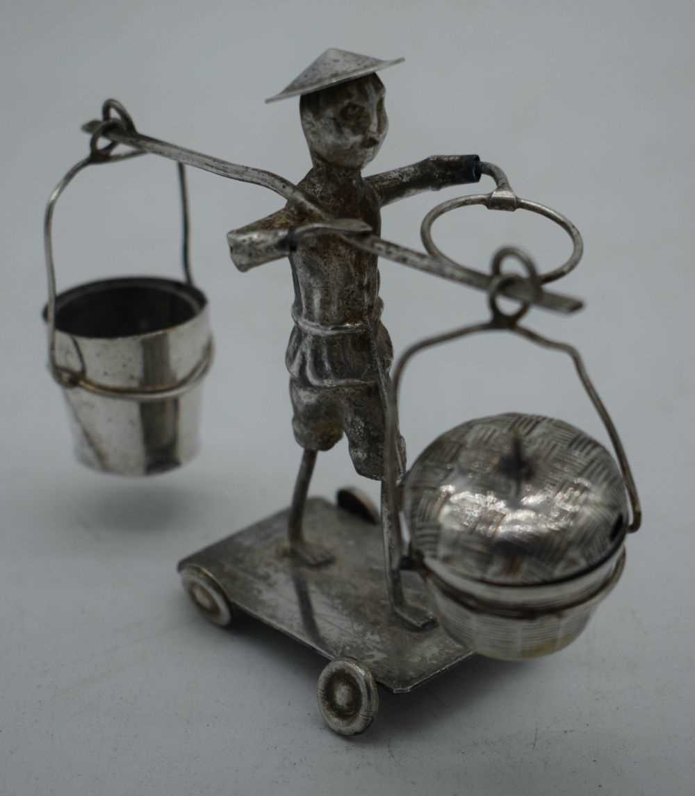 A LATE 19TH CENTURY CHINESE EXPORT SILVER FIGURAL CONDIMENT SET. 96 grams. 10.5 cm x 14 cm. - Image 2 of 5