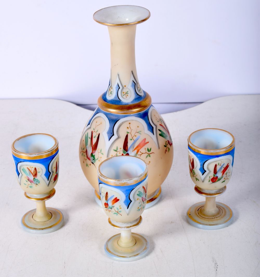 A set of Opaline hand painted glass toasting glasses and jug 18cm (4).