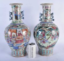 A LARGE PAIR OF 19TH CENTURY CHINESE CANTON FAMILLE ROSE TWIN HANDLED VASES Qing. 42 cm x 18cm.