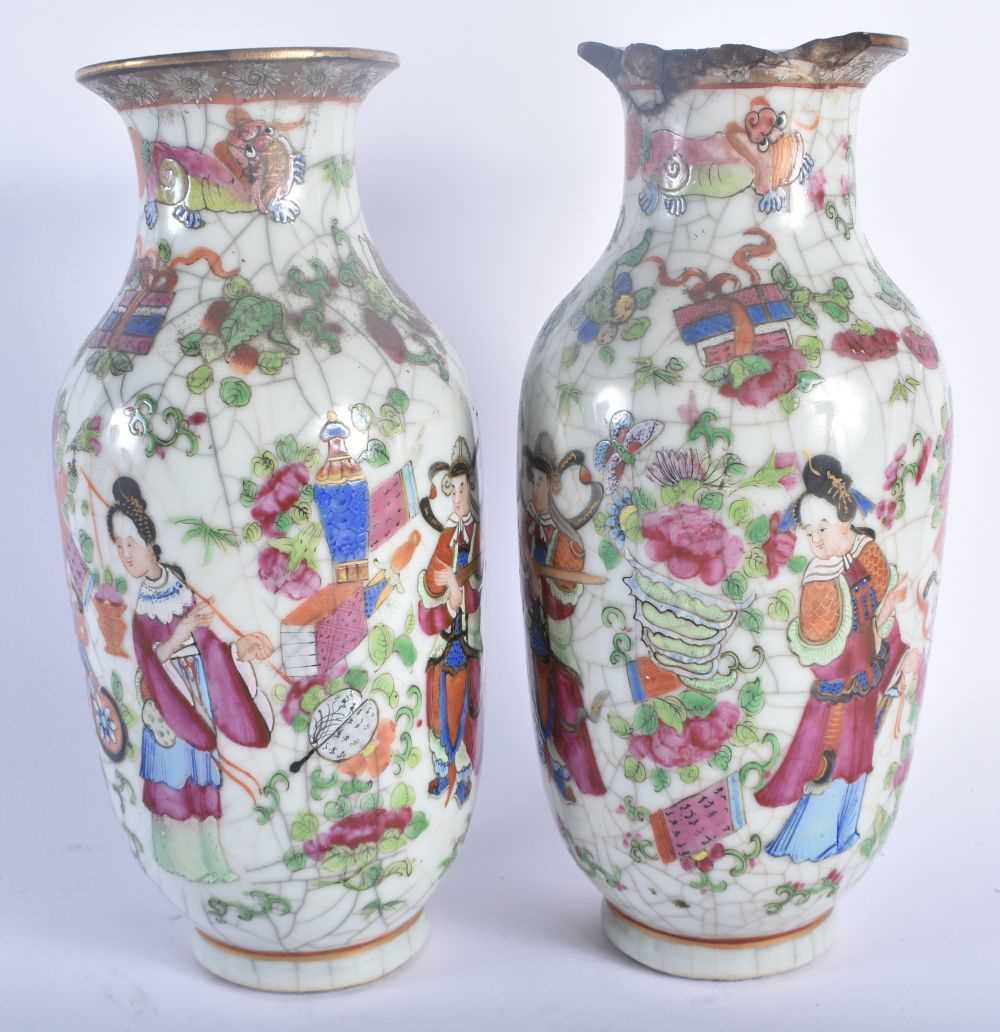 A PAIR OF 19TH CENTURY CHINESE CRACKLE GLAZED FAMILLE ROSE VASES Qing. 24 cm high. - Image 2 of 17