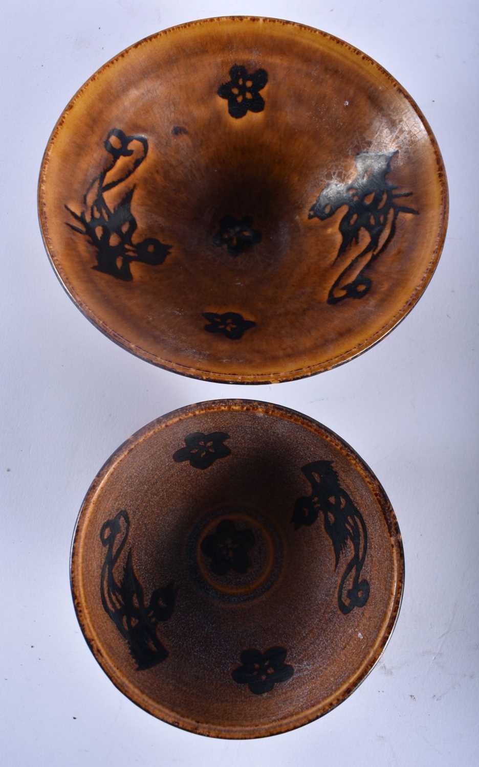 A CHINESE GE TYPE CHRYSANTHEMUM MOULDED POTTERY BRUSH WASHER together with two hares foot type bowls - Image 5 of 9