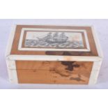 AN UNUSUAL MARITIME CARVED WOOD AND BONE SCRIMSHAW CASKET decorated with a galleon at sea. 11cm x