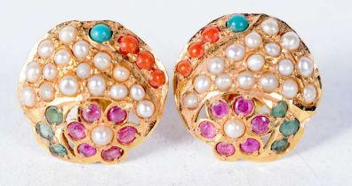 A Pair of 22 Carat Gold Earrings set with Pearls, Emeralds and Rubies. Stamped 22 CT, 1.6 cm