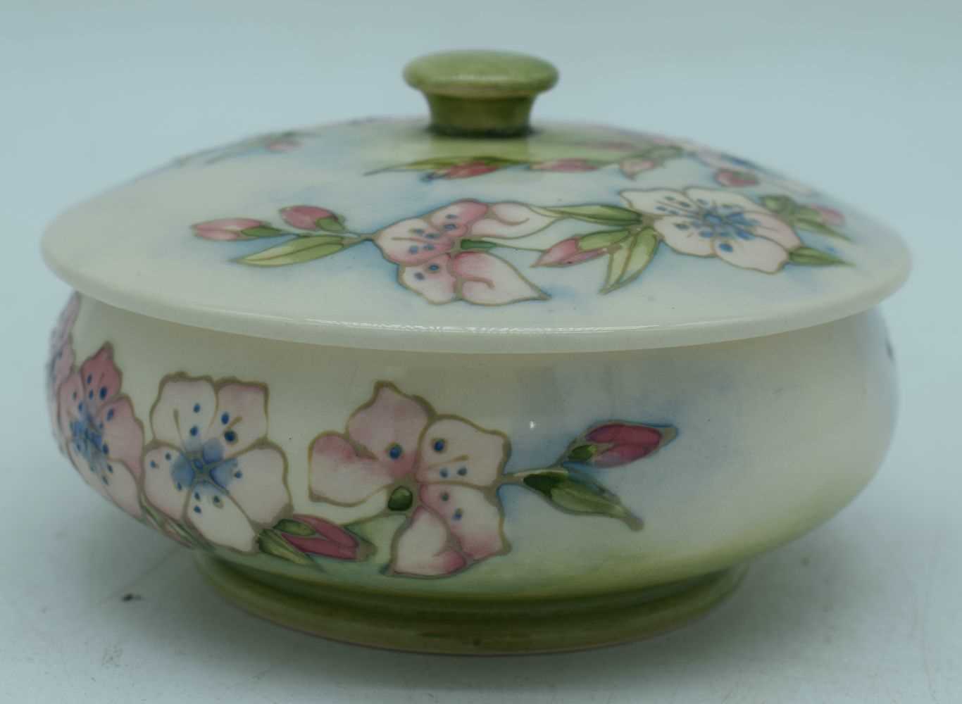 Moorcroft Powder Bowl and Cover decorated in the Spring Blossom pattern designed by Sally Tuffin. 12 - Image 3 of 6