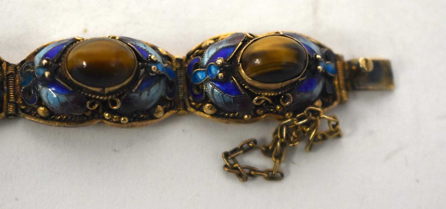 A LATE 19TH CENTURY CHINESE SILVER GILT ENAMEL AND TIGERS EYE BRACELET. 29 grams. 18cm long. - Image 11 of 15
