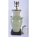 A CHINESE REPUBLICAN PERIOD TWIN HANDLED CELADON COUNTRY HOUSE LAMP. 44 cm x 15 cm.