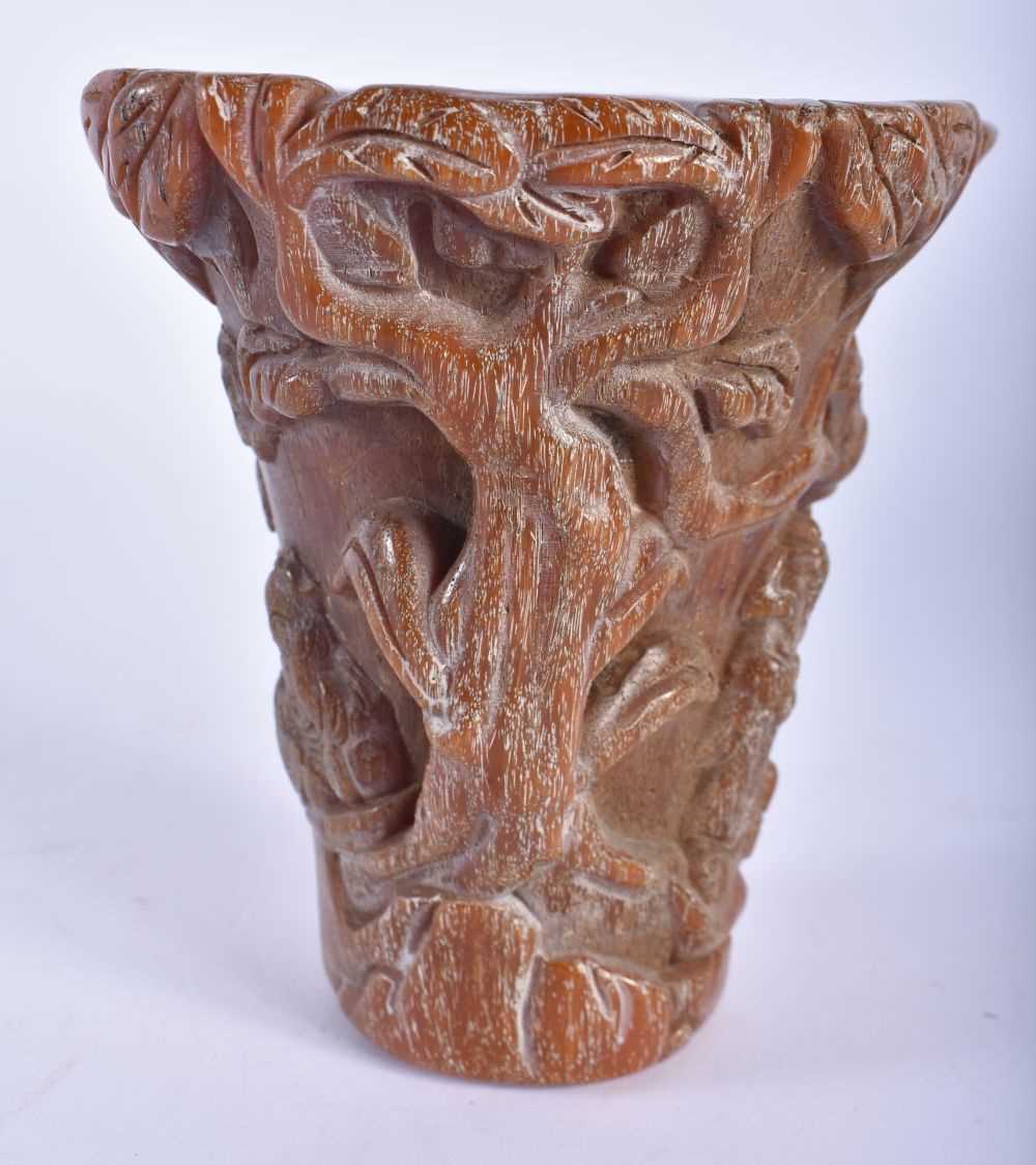 A CHINESE CARVED BUFFALO HORN TYPE LIBATION CUP 20th Century. 575 grams. 13 cm x 13 cm. - Image 2 of 6