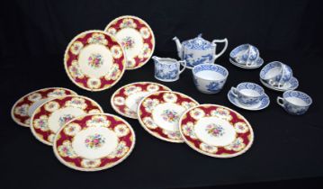A collection of antique Myott Coronation Rose plates together with a Old Chelsea Tea ware 22cm. (