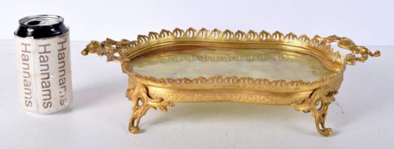 A small Vintage Onyx and brass tray with an open work gallery 7 x 38 cm