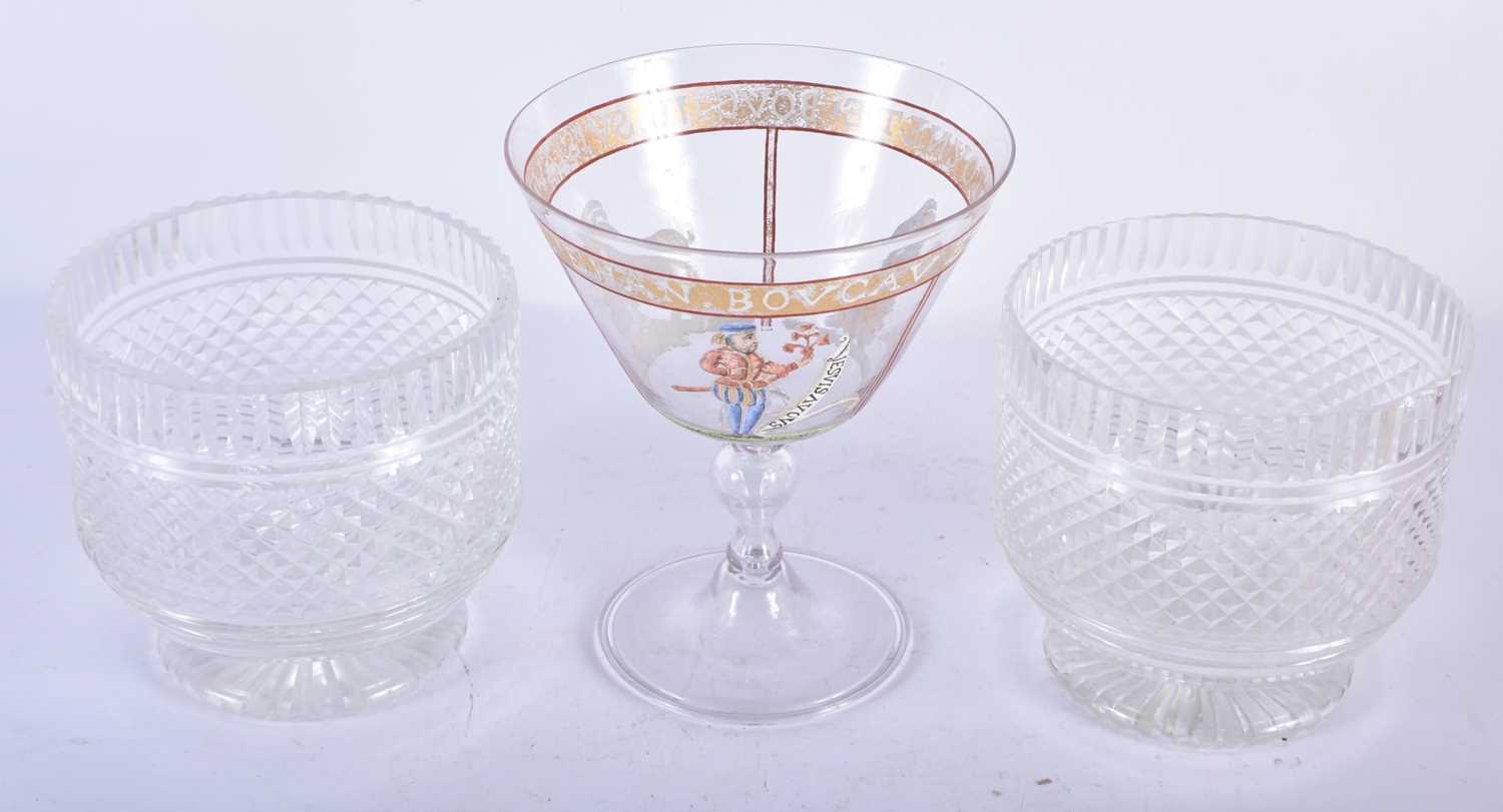 A PAIR OF GEORGE III CUT GLASS BOWLS together with an enamelled glass cup. Largest 13 cm x 9 cm. (