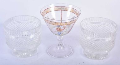 A PAIR OF GEORGE III CUT GLASS BOWLS together with an enamelled glass cup. Largest 13 cm x 9 cm. (