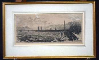 A framed Victorian Etching of the Thames 19 x 44 cm