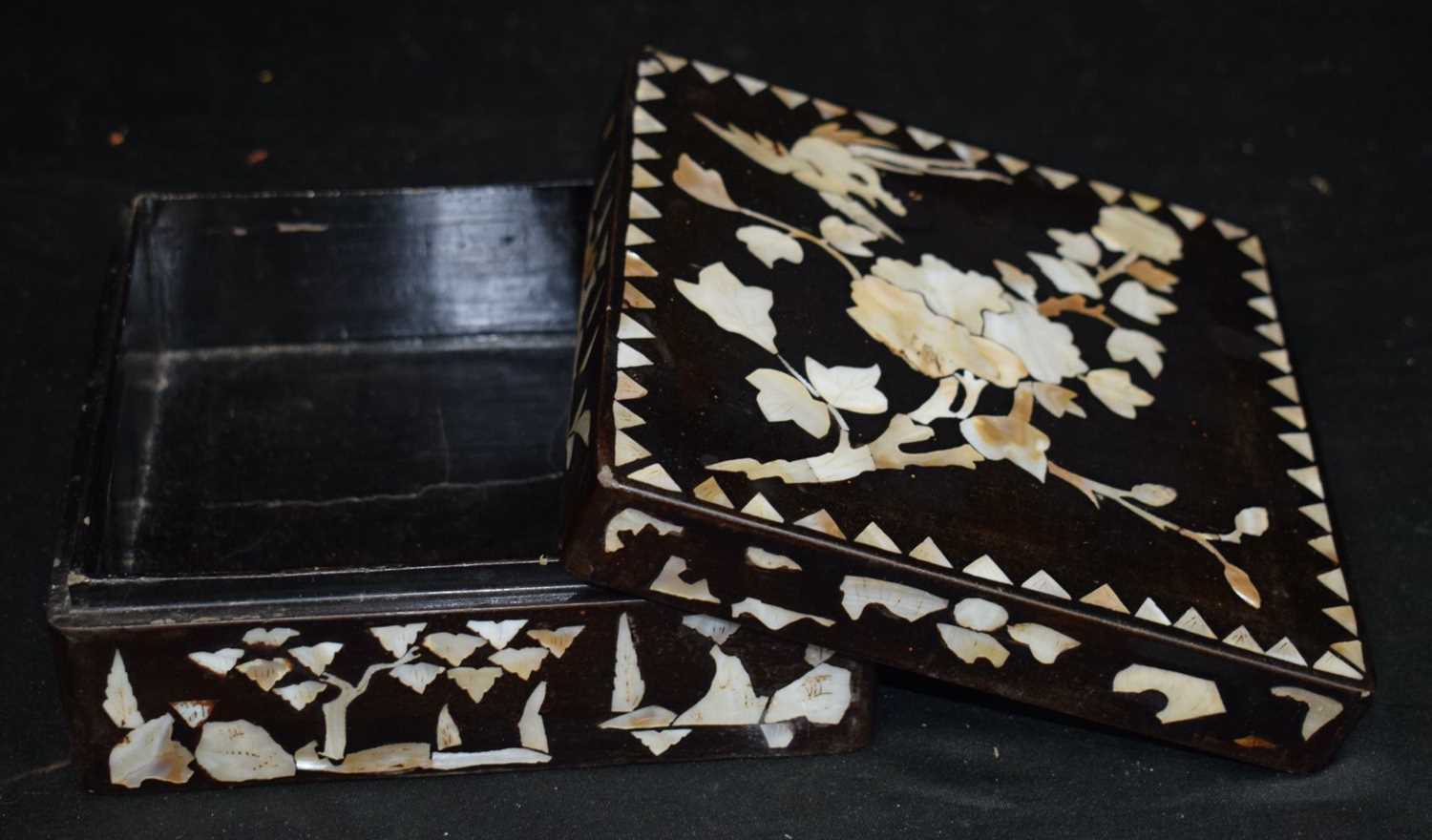 A mother of Pearl inlaid box with two middle Eastern boxes largest 8 x 18.5 x 18.5 cm (3) - Image 3 of 6