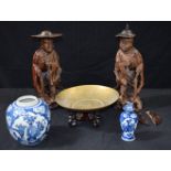 A pair of Chinese Carved hardwood figures together with a Porcelain blue and white Ginger Jar,