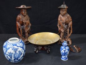 A pair of Chinese Carved hardwood figures together with a Porcelain blue and white Ginger Jar,