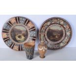 A pair of Swiss Thoune glazed pottery plates 29.5 cm Diameter together with two Doulton items Beaker