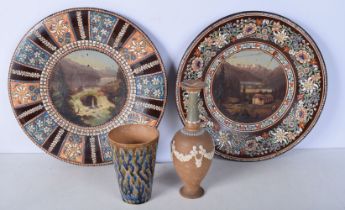 A pair of Swiss Thoune glazed pottery plates 29.5 cm Diameter together with two Doulton items Beaker