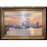 Rodney Charman (b. 1944) A large framed oil on board of the Thames at Greenwich 45 x 71 cm.