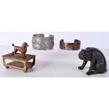 A brass Poodle Vesta case together with a bronze Tiger and two bracelets 7 x 9 cm (4)