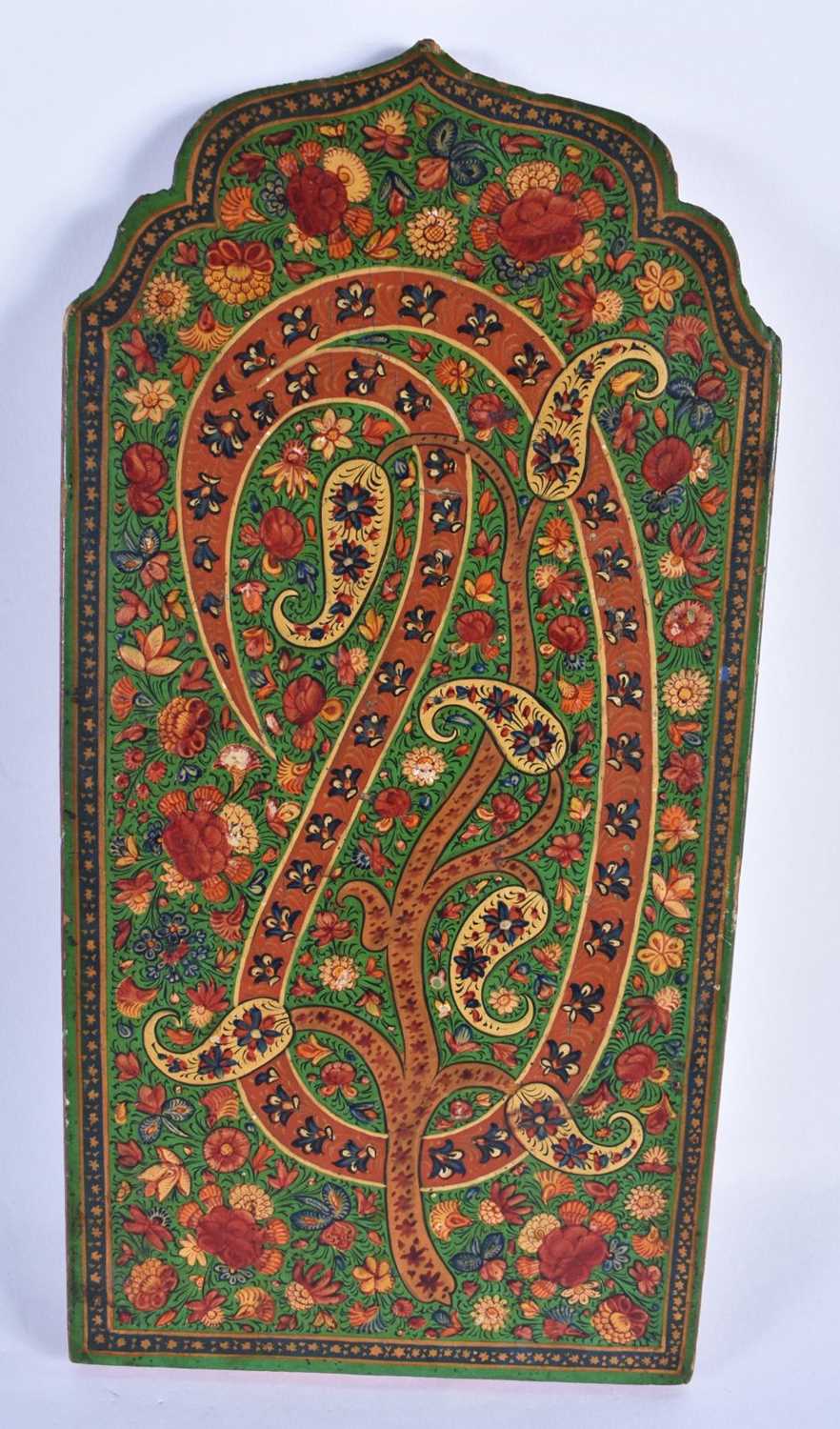 A PAIR OF 19TH CENTURY PERSIAN ISLAMIC PAINTED AND LACQUERED COUNTRY HOUSE WOOD PLAQUES. 30cm x 15 - Image 3 of 4