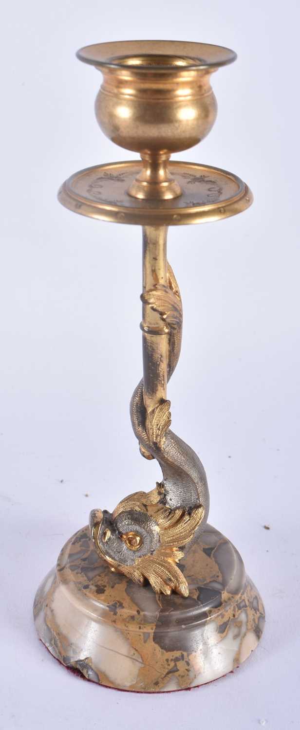 A PAIR OF REGENCY COUNTRY HOUSE SILVERED BRONZE CANDLESTICKS formed as fish. 18cm high. - Image 2 of 5