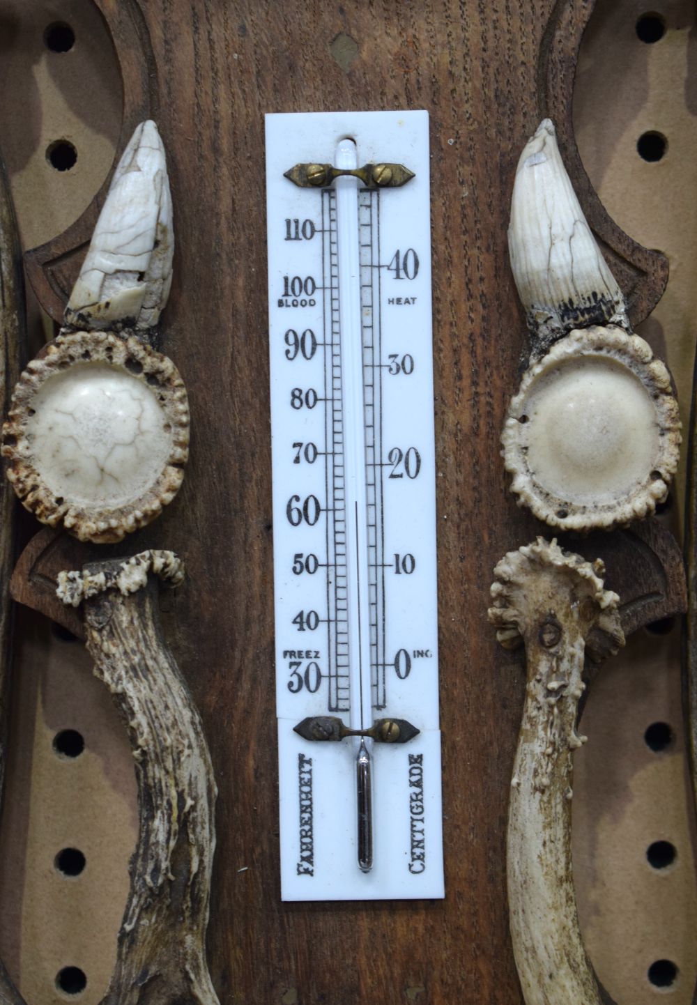 An early 20th Century wooden and antler horn Barometer and thermometer 69 cm. - Image 9 of 10