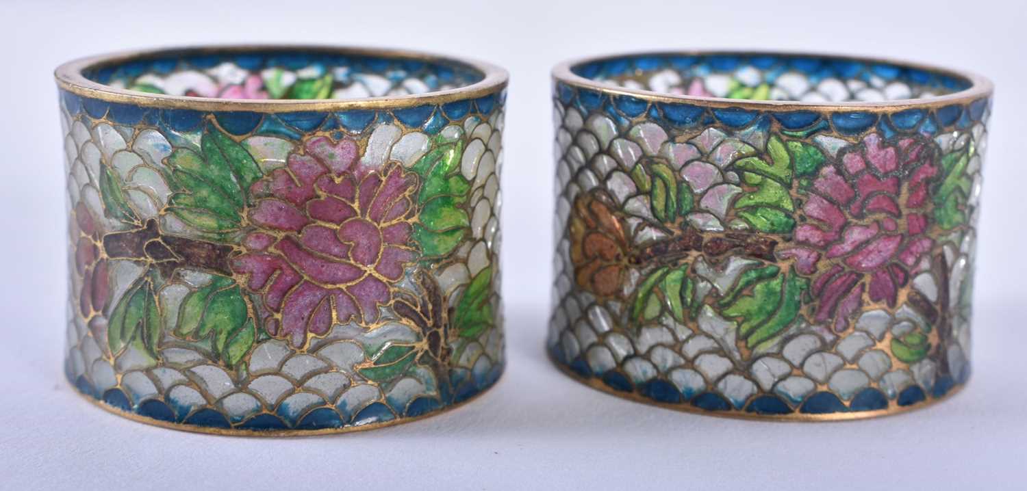 A PAIR OF LATE 19TH CENTURY CHINESE PLIQUE A JOUR NAPKIN RINGS together with an egg box & candle - Image 2 of 6