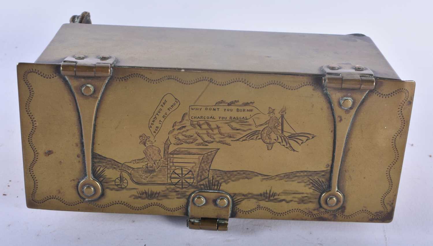 A VERY RARE EARLY 19TH CENTURY BRASS ENGRAVED CASKET of Automotive interest, engraved with a scene - Image 2 of 4