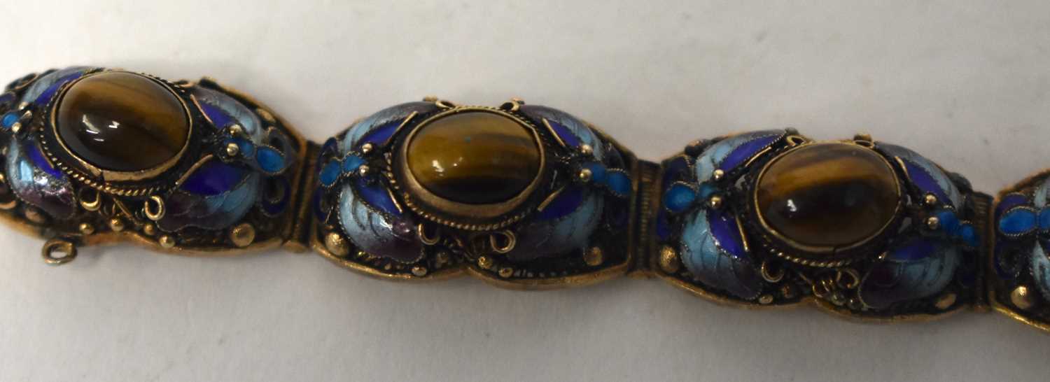 A LATE 19TH CENTURY CHINESE SILVER GILT ENAMEL AND TIGERS EYE BRACELET. 29 grams. 18cm long. - Image 4 of 15