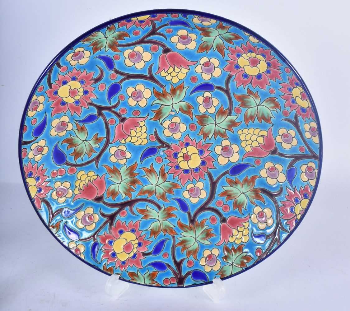 A FRENCH LONGWY POTTERY ENAMELLED CIRCULAR DISH together with a tin glazed faience box. Largest 21 - Image 5 of 7