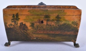 A MID 19TH CENTURY ENGLISH PEN WORK RECTANGULAR FORM TEA CADDY decorated with landscapes. 24 cm x