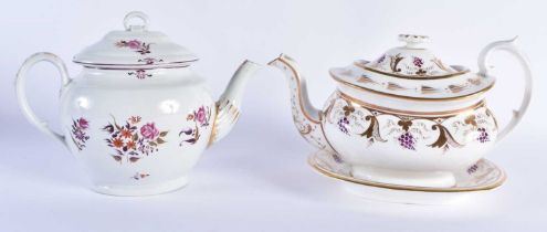 TWO EARLY 19TH CENTURY CHAMBERLAINS WORCESTER TEAPOTS AND COVERS one with stand. Largest 17.5 cm x