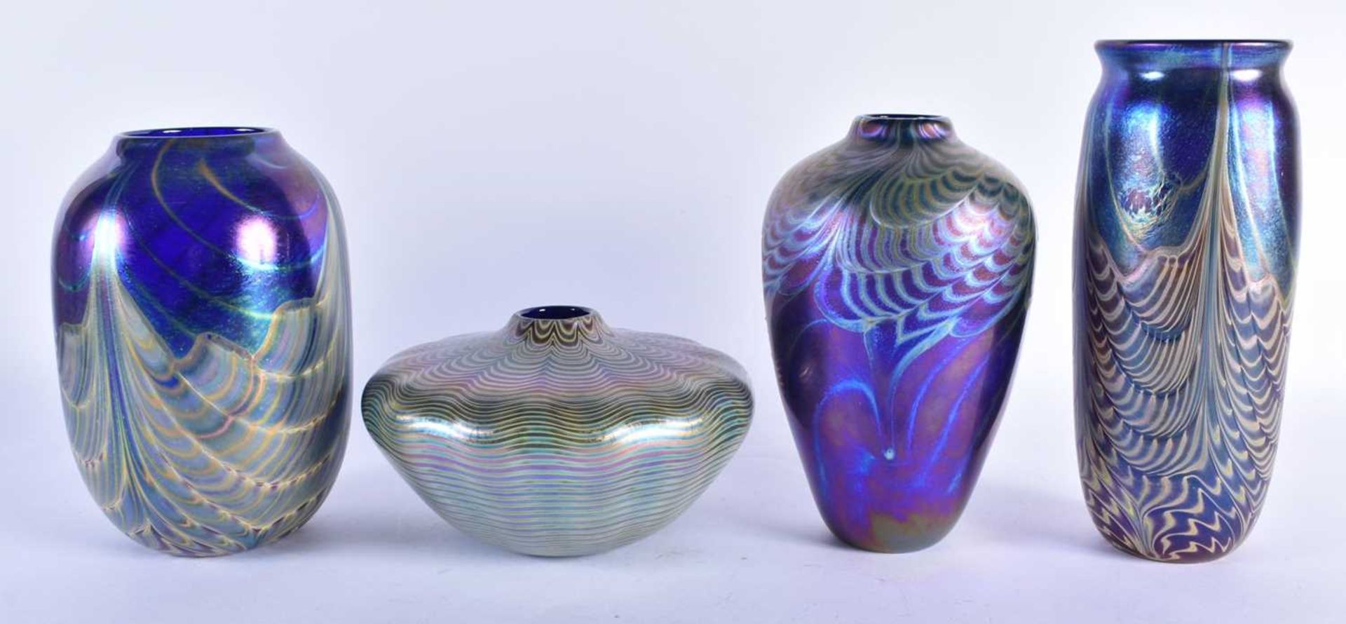 FOUR IRIDESCENT ART GLASS VASES. Largest 22 cm high. (4) - Image 2 of 4