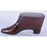 A CHARMING 18TH/19TH CENTURY CARVED TREEN PIQUE WORK SNUFF BOX formed as a shoe. 9 cm x 5 cm.