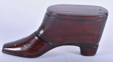 A CHARMING 18TH/19TH CENTURY CARVED TREEN PIQUE WORK SNUFF BOX formed as a shoe. 9 cm x 5 cm.