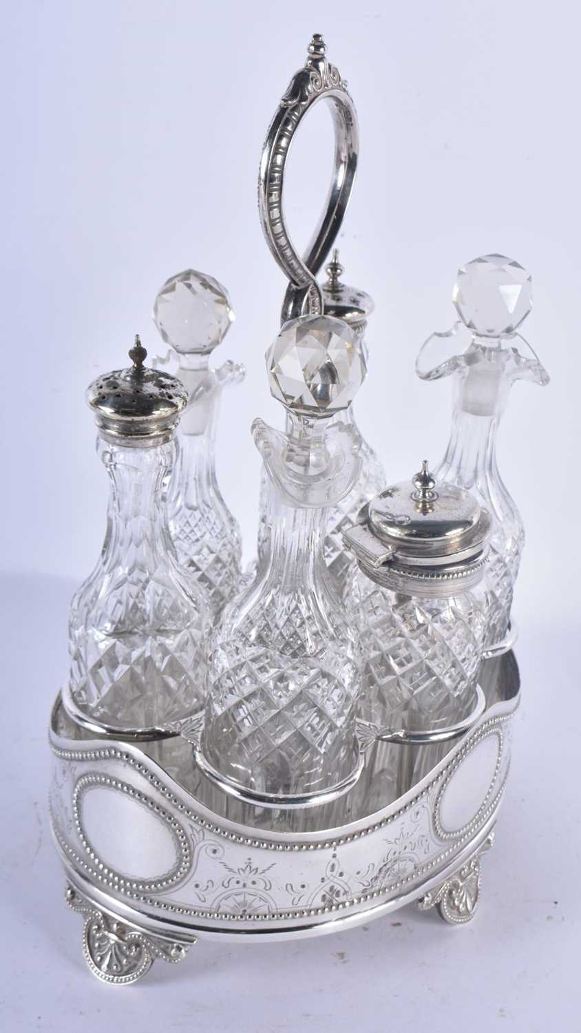 AN ANTIQUE SILVER PLATED CRUET SET. 29 cm x 18cm. - Image 3 of 4