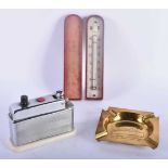 AN ANTIQUE POCKET THERMOMETER together with a brass RMS Queen Elizabeth ashtray & a vintage bakelite