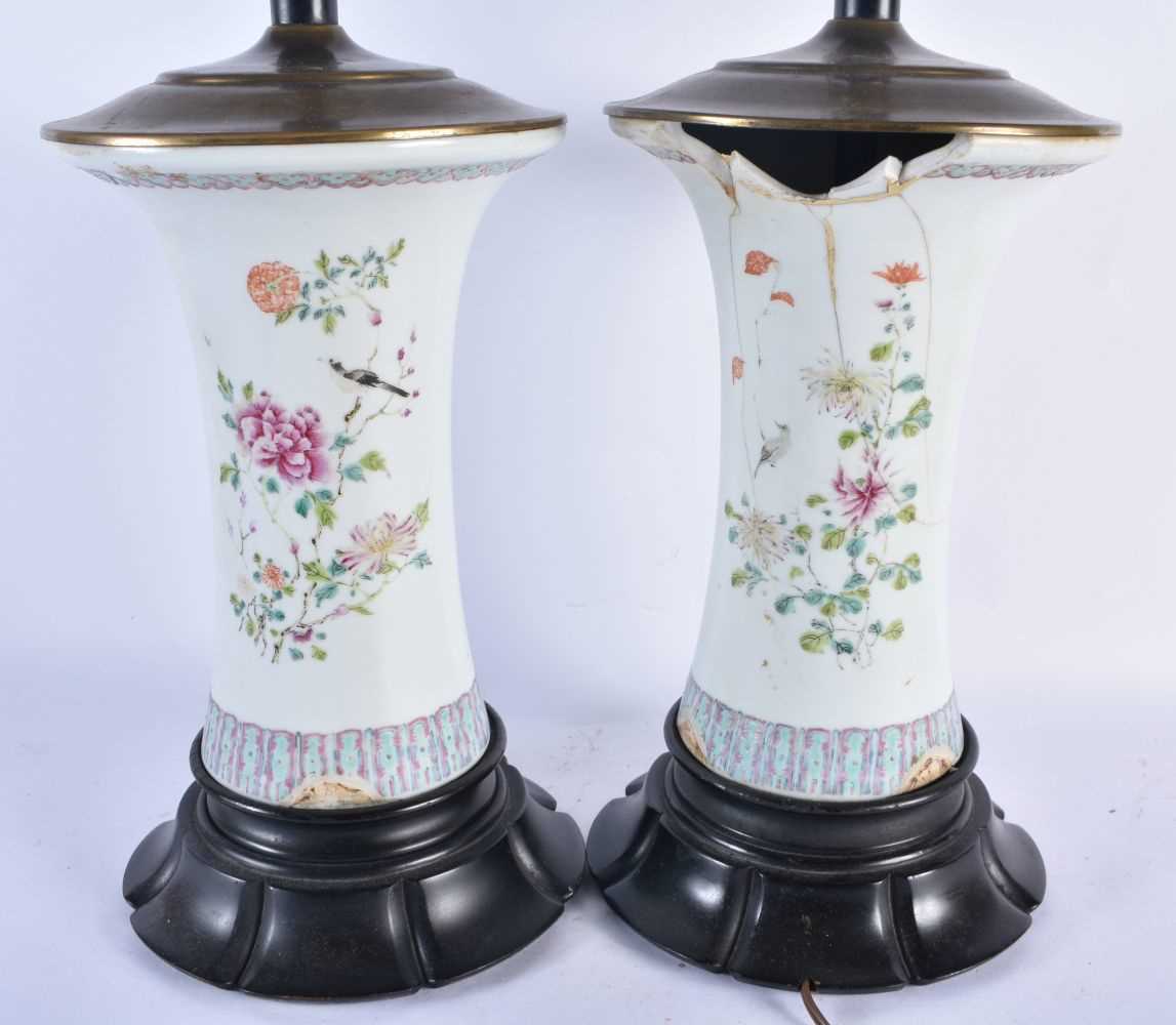 A LARGE PAIR OF EARLY 20TH CENTURY CHINESE PORCELAIN FAMILLE ROSE FLARED LAMPS Guangxu. 58 cm high. - Image 3 of 5