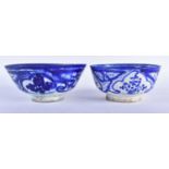 TWO ANTIQUE PERSIAN SAFAVID BLUE AND WHITE POTTERY BOWLS. Largest 18cm wide. (2)