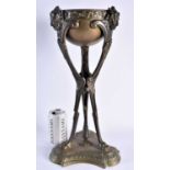 A LARGE MID 19TH CENTURY BRONZE TRI LEGGED TABLE CENTREPIECE formed with bacchus mask heads,