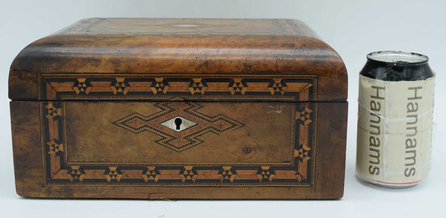 A 19th Century inlaid wooden sewing box with central mother of pearl central decoration 14 x 28 x - Image 2 of 12