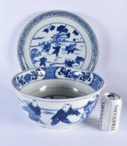 A VERY LARGE CHINESE BLUE AND WHITE PORCELAIN BOWL 20th Century, upon a large matching plate.