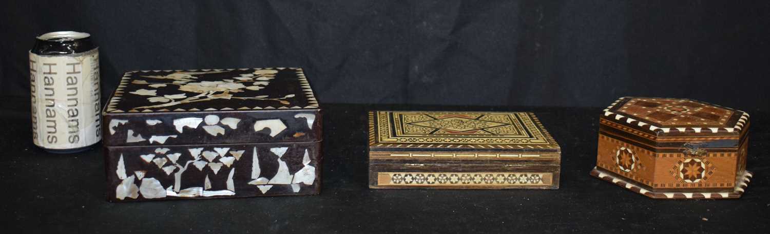 A mother of Pearl inlaid box with two middle Eastern boxes largest 8 x 18.5 x 18.5 cm (3) - Image 2 of 6