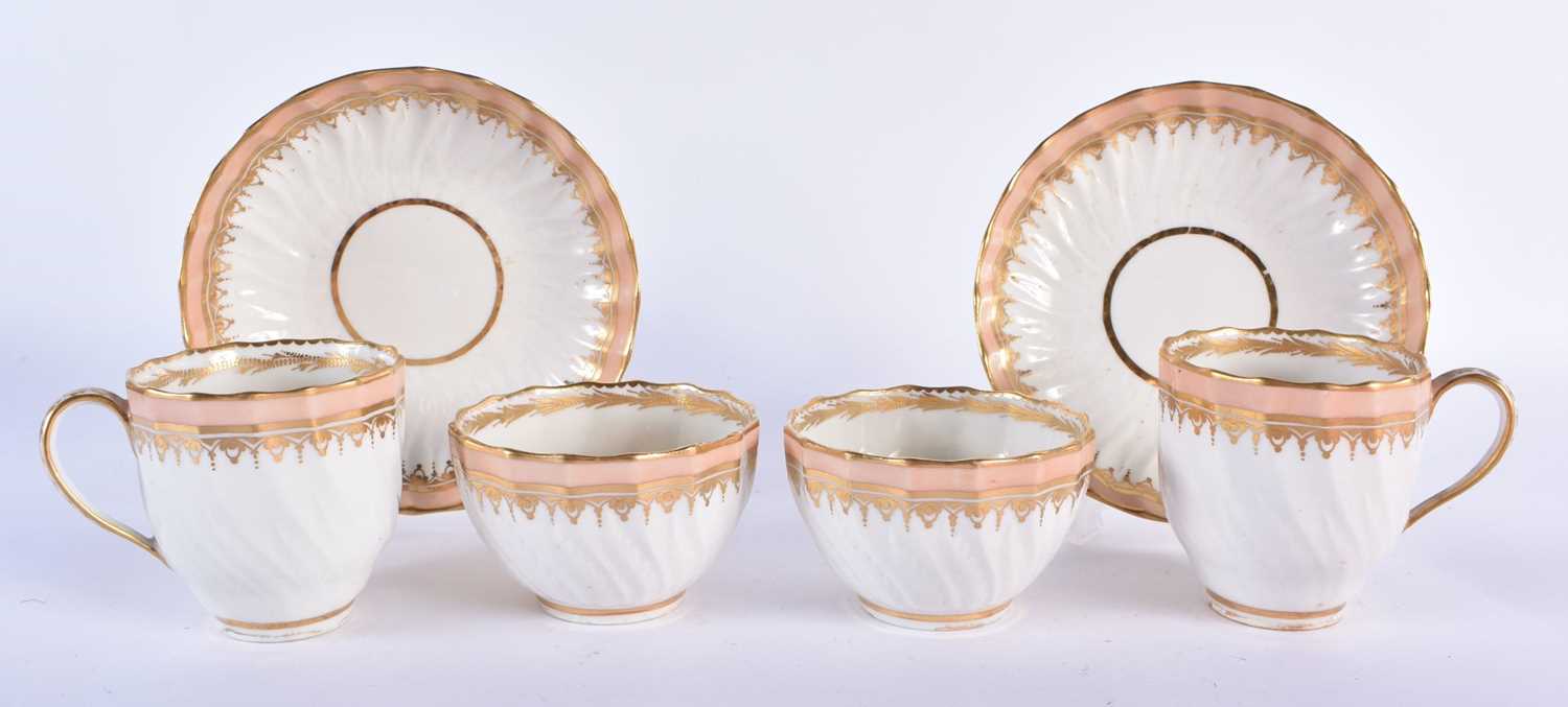 Derby pair of acanthus moulded teabowls, coffee cups and saucers with teardrop gilding under a