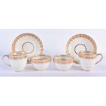 Derby pair of acanthus moulded teabowls, coffee cups and saucers with teardrop gilding under a