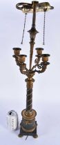 A LARGE 19TH CENTURY FRENCH EMPIRE BRONZE FOUR BRANCH CANDELABRA LAMP overlaid with vines. 65 cm