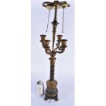 A LARGE 19TH CENTURY FRENCH EMPIRE BRONZE FOUR BRANCH CANDELABRA LAMP overlaid with vines. 65 cm